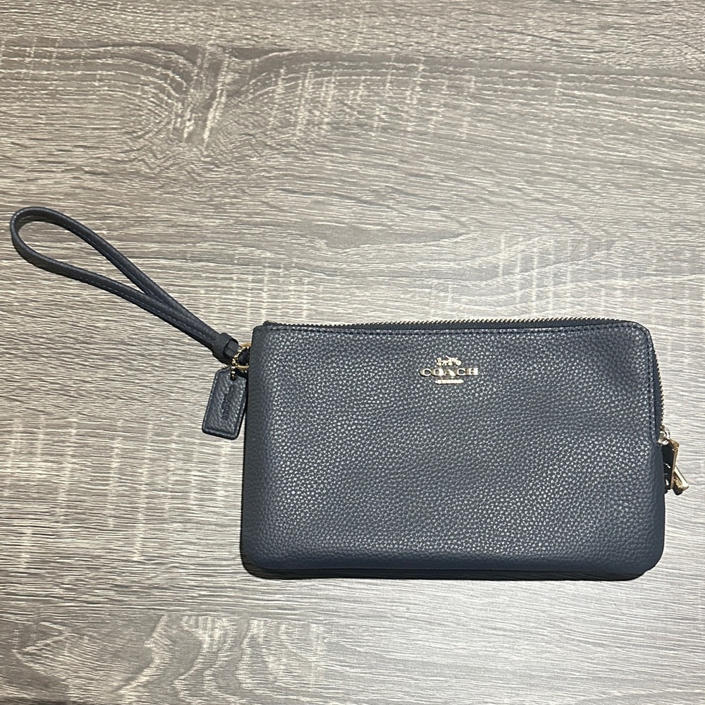 Coach Midnight Blue pebbled leather double zip Wristlet